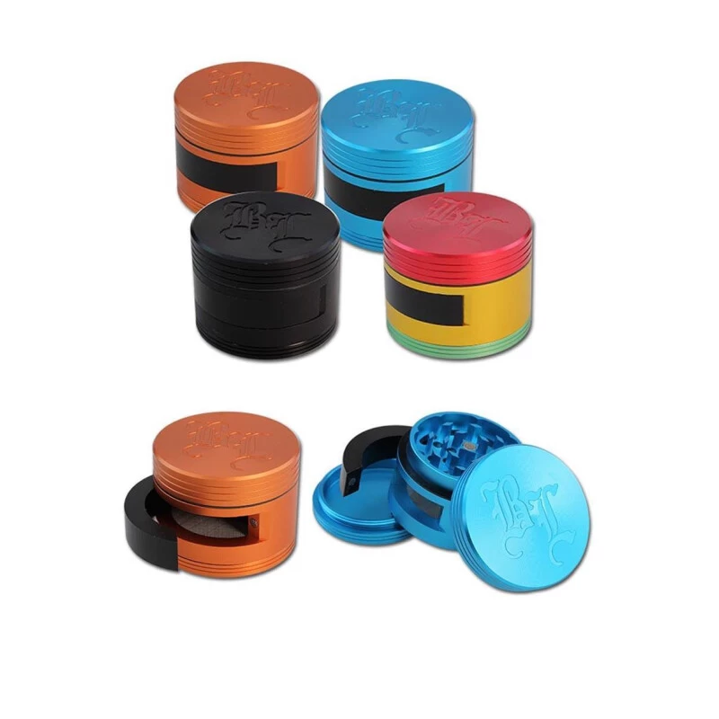 Black Leaf Kräuter-Mühle, Metall-Grinder, CNC-Grinder, ALU-Grinder | 3-teilig | 48 X 64 Mm | Schaber, Pollum-Sieb | Diamantschliff-Zähne | Aluminium, Rasta | Mit Entnahme-Klappe / Tür | Dooor – Bild 2