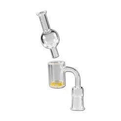 Bong-discount Öl-Bong-Zubehör Für OiL-Rig: Öl-Kopf, Banger, Steckkopf | 75 X 14 Mm, NS 14F (female 14,5 Mm), Ansatz: 90° | BOROSILIKATGLAS, Klar | Farbgranulat, Carb-Cap (Rauchfänger), Geschenk-Dose